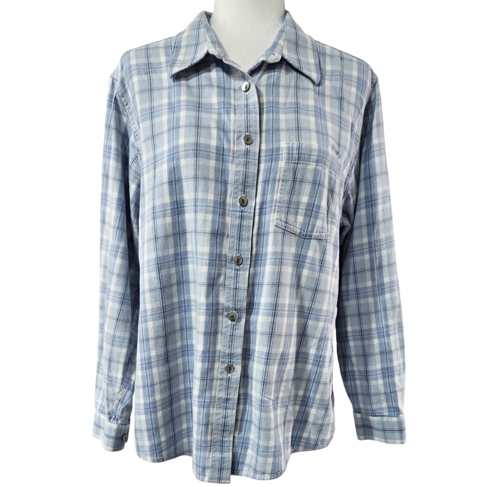 L.L. Bean 100% Cotton Light Blue White Plaid Button-Up Shirt Cabincore Gorpcore